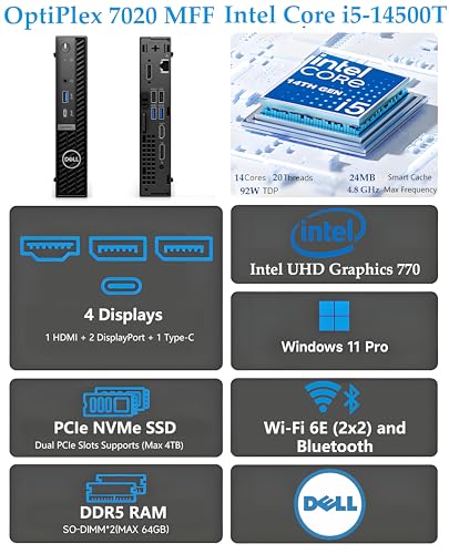 Image of Dell OptiPlex 7020 MFF Business Mini PC, Intel i5-14500T 14-Core, 16GB DDR5, 512GB SSD, WiFi 6E, Dual DisplayPort, HDMI, Micro Desktop Computer, Windows 11 Pro