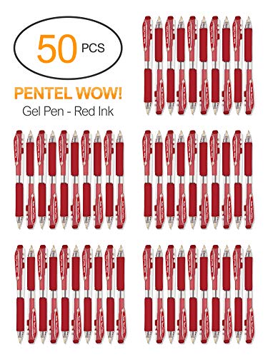 Pentel WOW Gel Pen K437 Clear Barrel Red Ink Retractable Medium Ballpoint 0.7mm Triangular Grip Red Pens Bulk Office Supply Lot (50-Pack)