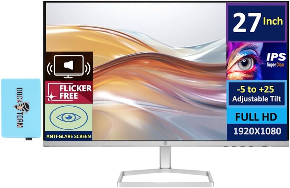 HP 27" FHD IPS (1920x1080) Monitor with Speakers Bundle with Docztorm Dock, 100Hz Refresh Rate, 2X HDMI, 1x VGA, Flicker-Free, Ideal for Home & Business, White/Silver (2025 Latest Model)