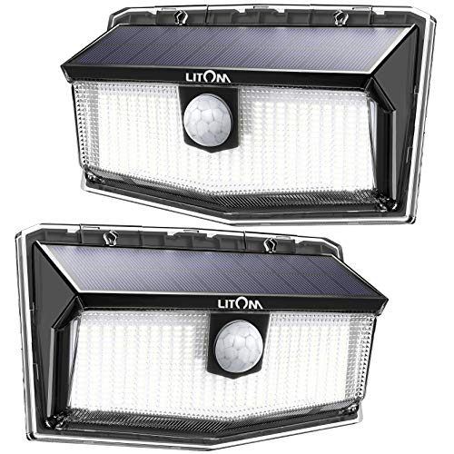 LITOM 160 LED Solar Motion Sensor Lights Outdoor, IP67 Waterproof Solar Powered Security Lights Wireless Solar Wall Lights with 3 Modes for Garden Patio Yard Deck Garage Fence Pool - Cold White 2 Pack
