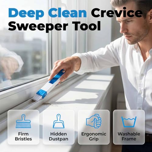 Image of 2-in-1 Window Groove Cleaning Brush, Crevice Cleaning Brush，Black+Blue | Detachable Hard Bristle Crevice Cleaning Brush with Dustpan, Window Track Cleaning Tools for Home, Bathroom, Ktichen, Corners