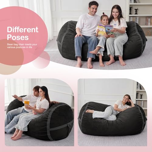 Image of 6FT Bean Bag Chair 6'Giant Bean Bag Chairs with Adults, Large Beanbag Chair | Bean bag Lounger with Machine Washable Cover Dutch Velvet Fabric, Comfy Chairs for Living Room, Bedroom, Dorm, Black
