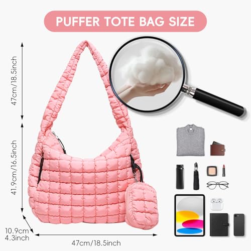Image of Puffer Tote Bag for Women, Large Quilted Puffer Bag with Pouch, Puffy Quilted Hobo Bag, Puff Crossbody Purse