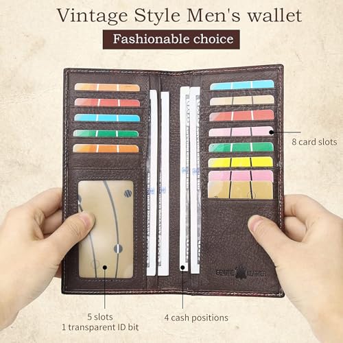 American Flag Design Full Grain Leather Wallets for Men,Long Bifold Wallets for Men,Mens Genuine Leather Checkbook Wallets with Gift Box (Wine red)4