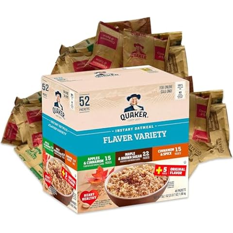 Quaker Instant Oatmeal, Lower Sugar, Flavors 22 Maple & Brown Sugar- 15 Apples & Cinnamon - and 15 Cinnamon & Spice Variety Pack, Individual Packets, 52 Count Nutritious Breakfast Choice for All Ages. Cover