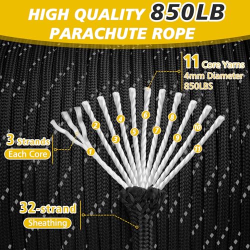 Reflective Paracord Rope 850Ib, 50/100/200/500/1000ft 4MM 11 Strand para Cords Lanyard Utility Parachute Cord for Tent Camping Hiking Survival Tactical Clothesline DIY Projects, Black 100FT - Image 2