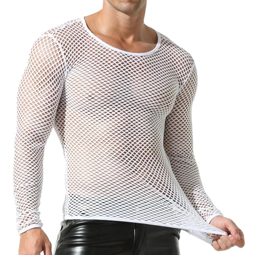 QiaTi Men's Fishnet Shirt Mens Fishnet Top Mesh Transparent Long Sleeve Muscle T-Shirt Net Undershirt Top
