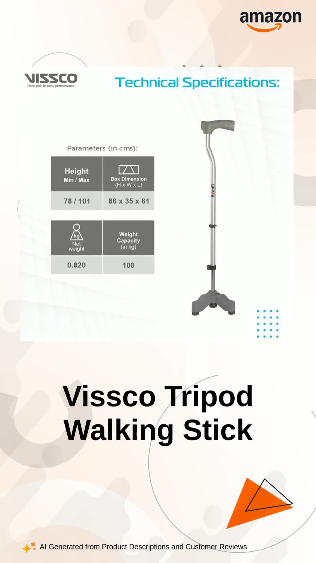 Vissco Avanti L Shape Tripod Walking Stick for Elderly and