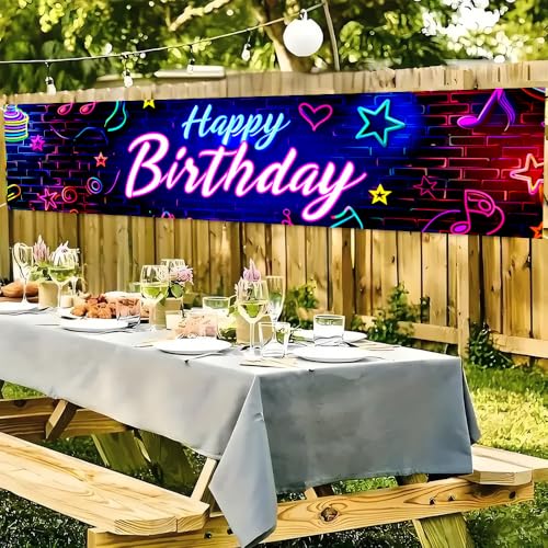 Image of Neon Happy Birthday Outdoor Banner 78.7 x 17.7 Inch Colorful Glow Letters with Music Notes Stars and Hearts Pattern Party Decoration for Yard Garden Fence Porch Patio or Outdoor Celebration Display