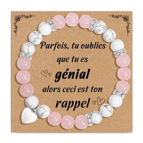 CheersLife Cadeau Femme Bracelet Pierre Naturelle Femme avec Pendentif en Cœur Idee Cadeau Anniversaire pour Maman Fille Sœur Amie Couple Collègues - Rose &...