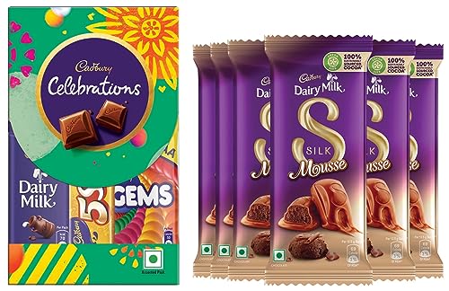 Image of Cadbury Celebrations Assorted Chocolate Gift Pack, 62.2 g- Pack of 8 & Dairy Milk Silk Mousse Chocolate Bar, 6 x 50 g