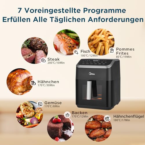 Image of Midea 7L Capacity Hot Air Fryer, HeatXpress Technology, 90% Less Oil, Energy and Time Saving with 7 Presets, Easy to See Window and Light, Non-stick