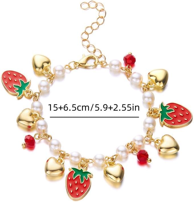 LOTSOF 18K Gold Plated Strawberry Cherry Heart Pearl Bracelet for Women Cute Fruit Adjustable Bracelets Christmas Holiday Birthday Gift Jewelry for Women - Image 5