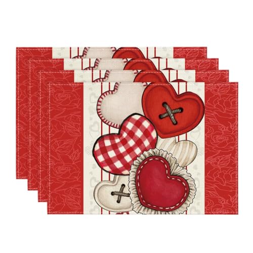 Artoid Mode Red Heart-Shaped Buttons Mother's Day Placemats Set of 4, 12x18 Inch Anniversary Wedding Table Mats for Party Kitchen Dining Decoration