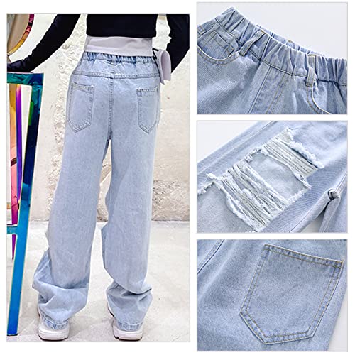 SEAUR Girls Baggy Straight Wide Leg Ripped Jeans Kids Fashion Elastic High Waist Denim Pants4