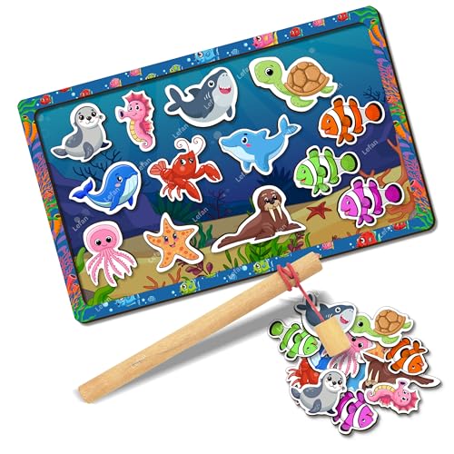 Image of Lefan Wooden Magnetic Fishing Game for Kids Montessori Toddler Toy with 1 Magnetic Rod and Assorted Wooden Fish Fine Motor Skill Development Toy for Boys & Girls Ages 3 4 5 6 7+