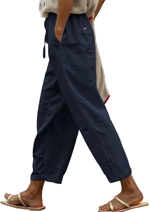 Womens Linen Pants with Pockets High Waist Comfy White Casual Pants Lightweight Loose Trousers