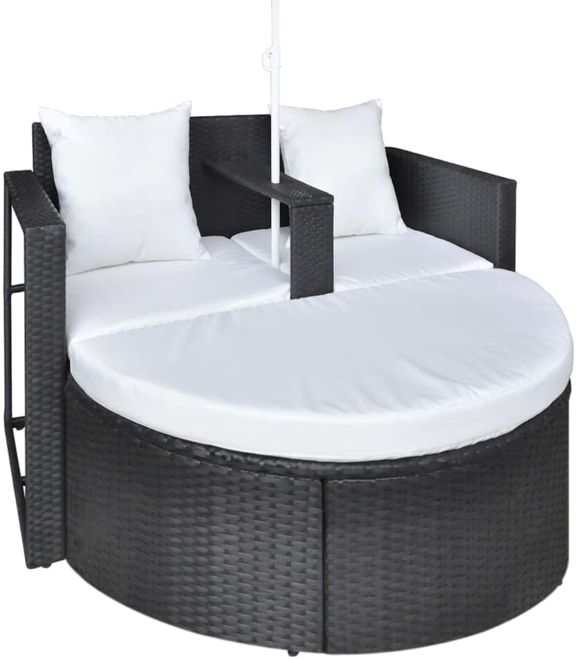 Patio Bed with Parasol, Patio Furniture,Garden Lounger Chair,Outdoor Chaise Lounge Chair,Featuring a Detachable Foot Stool, Black Poly Rattan