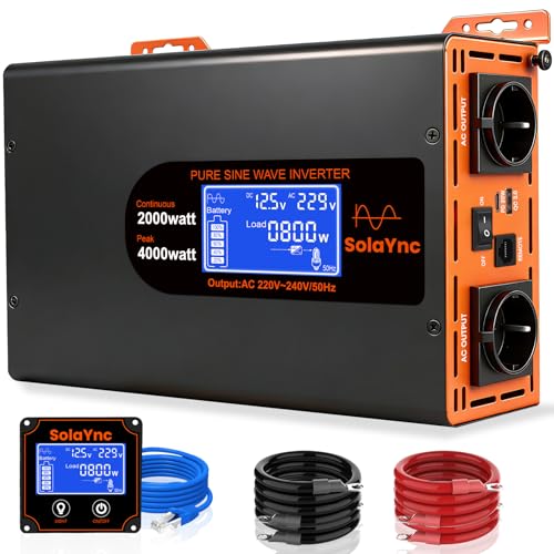 SolaYnc Inverter 2000W/4000W 12V 220/230V Onda Sinusoidale Pura,2 EU Presa,Porta Type-C da 30 W e porta USB, telecomando LCD schermo LCD,Adatto per Elettrodomestici, Camper Campeggio