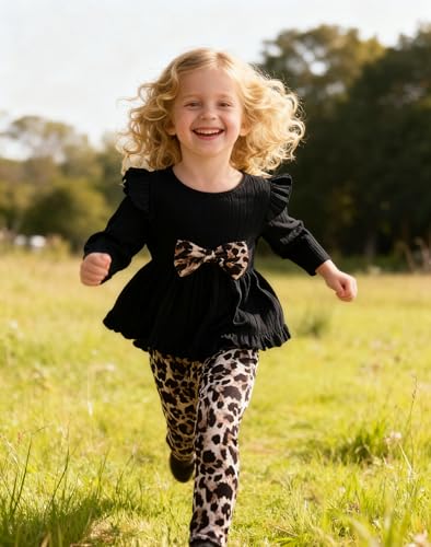 Image of Toddler Girl Clothes Ruffle Long Sleeve Heart Print Tops and Pants 2PC Little Girl Winter Outfits Size (4-7T)
