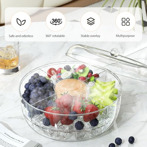 YNHJQP Snackbox mit Fächern Rund, 360 Grad Drehung, Zweilagig, Gekühlt Snackteller, Staubdicht Und frischhaltend Servierplatte mit Deckel, zur Aufbewahrung von Obst, Snacks und Gemüse (1)