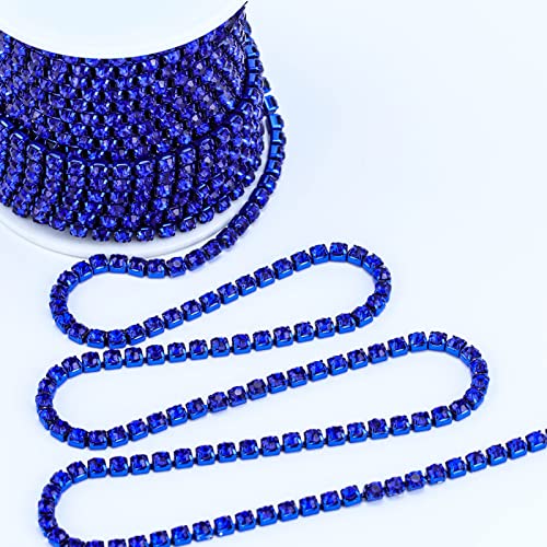 Dowarm 10 Yards 4Mm Crystal Rhinestone Chain Trim For Sewing Crocs Shoes, Ss16 Rhinestone Chain For Craft Cups Jewelry Wedding Bouquet Diy Decoration, Sewing Close Chain Trim, Dark Blue / Sapphire #TOP2