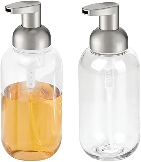 mDesign Round Plastic Refillable Foaming Soap Dispenser Pump Bottle for Kitchen Countertop and Sink - Vintage-Inspired, Compact Container Design - Twain Collection - 2 Pack - Clear/Brushed Chrome