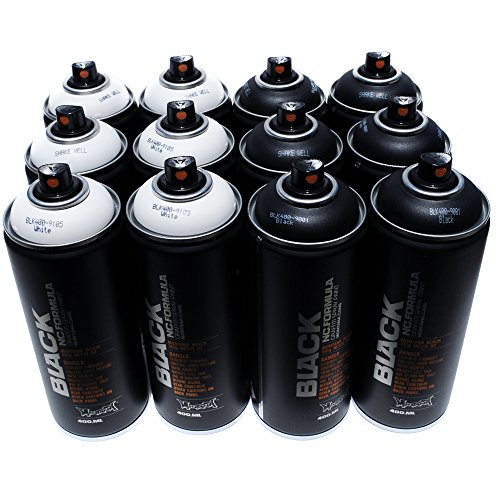 Montana BLACK 400ml Set of 12 Graffiti Street Art Mural Spray Paint (Black & White)