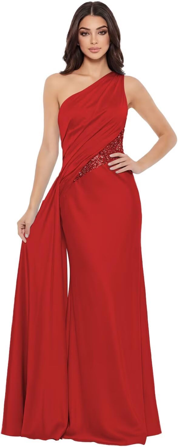 One Shoulder Sequin Prom Dress Long Ball Gown 2026 Pleated Satin Mermaid Formal Evening Party Dresses with Tie