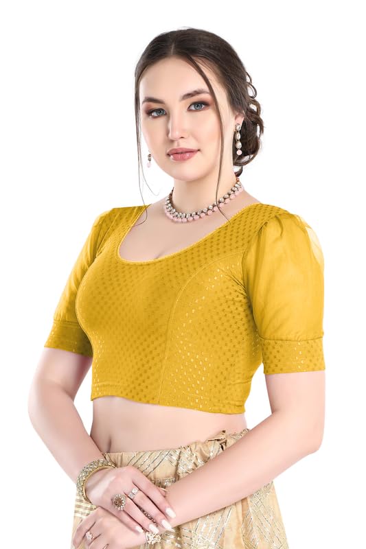Image of FINESTFIT Stay On Trend Fashion 100% Cotton Readymade Blouses for Women,Round Neckline with Organza Balloon Sleeves.