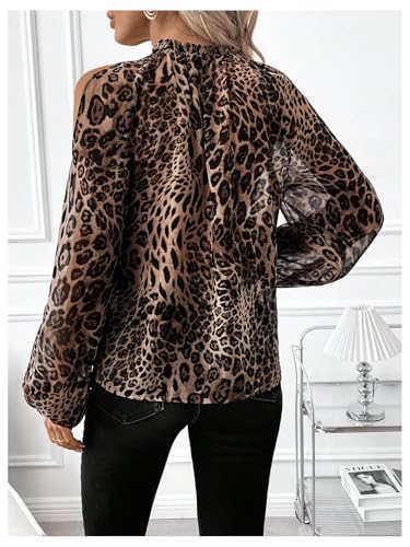 GORGLITTER Women's Cold Shoulder Tops Blouse Fall Dressy Casual Lantern Long Sleeve Mock Neck Pleated Work Shirt Tops2