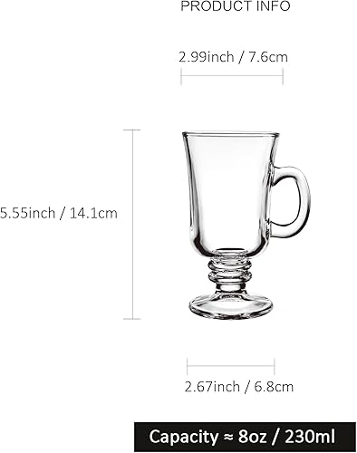Miniatura 2 de binsakao Juego de 6 tazas de café irlandés, tazas de café expreso con patas de vidrio de 8 onzas con asas, tazas transparentes para café, latte,