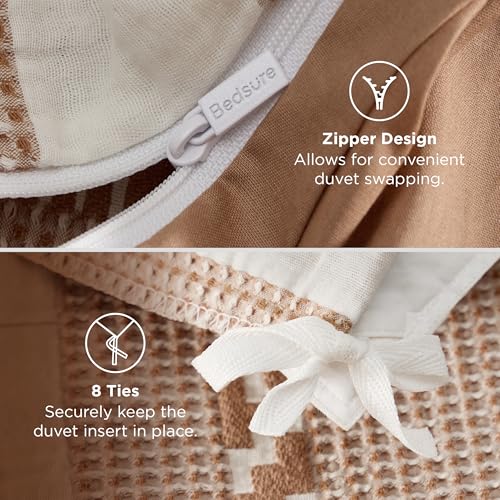 Image of Bedsure Waffle Weave Duvet Cover King - 100% Cotton Boho Duvet Cover Set with 2 Pillowcases - Extra Soft Terracotta PureWoven Textured Comforter Cover with Zipper Closure (King, 104 inchx90 inch)