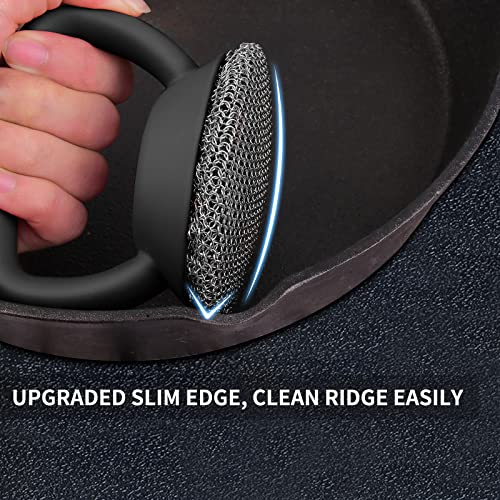Image of Cast Iron Cleaner Scrubber with Heavy Duty Handle, 3mm Welded Chain Mail Scrubber for Pan Pot Cleaning - Small Ring Metal Scourer Scrub to Clean Skillet, Oven, Griddle, Wok Brush