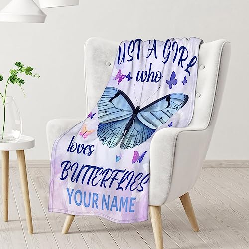 Personalized Butterfly Blanket Gifts with Name - 50"x60" Cute Throw for Women, Girls - Purple Soft Fuzzy Blankets for Bed, Couch & Living Room