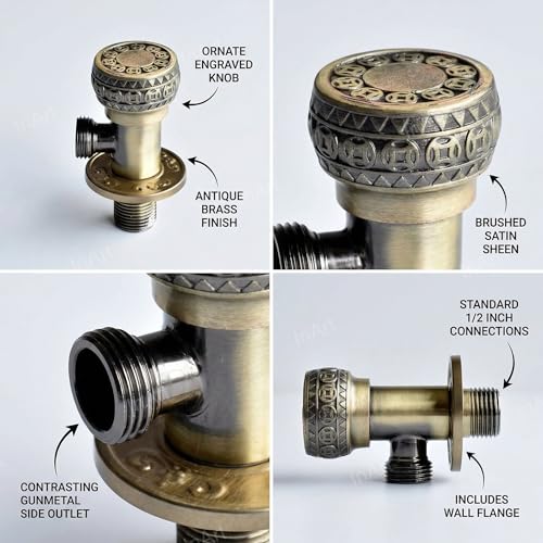 Image of InArt Zinc Angle Cock Valve for Bathroom & Kitchen | Stop Cock with Wall Flange | Antique Brass Finish (Antique Bronze) - 5 Year Warranty