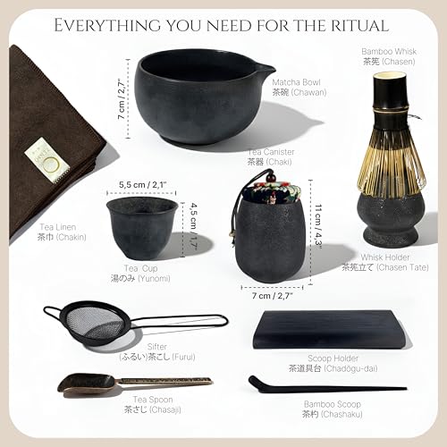 ZENSO Premium Matcha Whisk Set – 10 Piece Japanese Matcha Tea Ceremony Kit | Matcha Bowl, Tea Canister, Purple Bamboo Whisk, Whisk Holder, Sifter, Scoop & Scoop Holder, Cup, Cloth, Spoon - Dark Gray by Zenso - Image 2