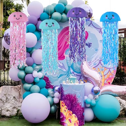 Image of Jellyfish Paper Lanterns Under The Sea Party Decorations Hanging Smile Face Jellyfish Lanterns for Baby Shark Mermaid Birthday Party Decorations Baby Shower Classroom Decor Pack of 4 Mix