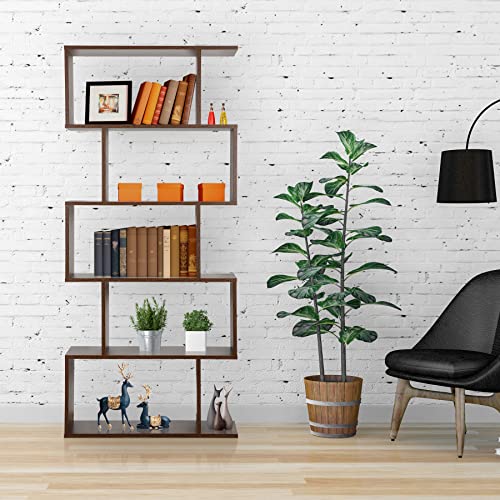 Zeny Geometric Bookcase, 5-Tier Bookshelf, S-Shaped Display Shelf And Room Divider, Freestanding Decorative Storage Shelving For Home Office, Rustic Brown #TOP6