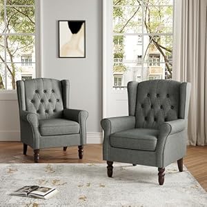 Uixe high back accent chairs set of 2 upholstered armchair in fabric retro wingback arm chair for living room comfy single sofa bedroom reading seat with solid wood legs dark gray  urban country home decor