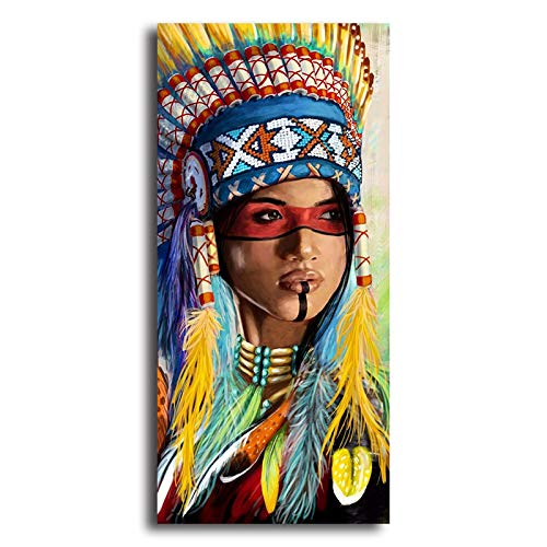 Orlco Art - Cuadro moderno de lienzo con plumas indias nativas americanas para sala de estar, decoración del hogar, arte pop africano, arte de graffiti, colorido, C, 24x48Inch With the frame