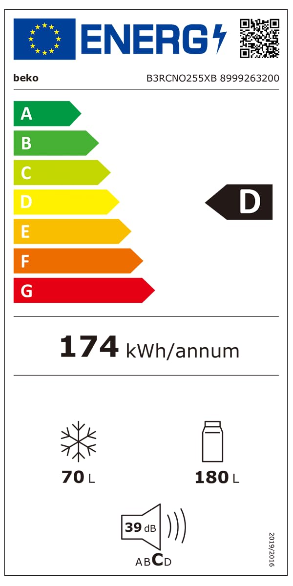 Beko B3RCNO255XB Kühl-/Gefrierkombination freistehend, 250 l Gesamtnutzinhalt, No Frost, 180 cm Höhe, LED-Innenbeleuchtung, Schnellkühlen, Türalarm, wechselbarer Türanschlag, 39 dB, Edelstahl (Inox)