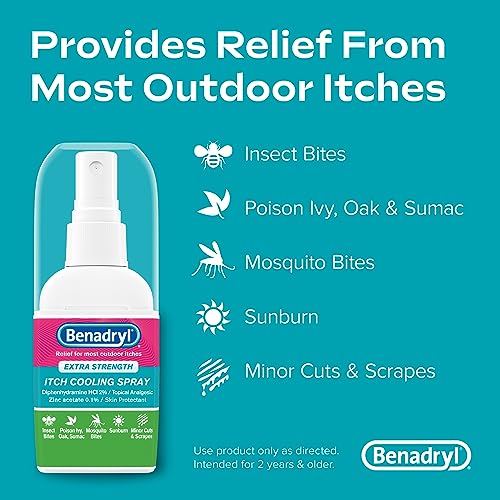benadryl extra strength itch cooling spray topical analgesic spray with diphenhydramine hci amp zinc acetate skin protectant for fast relief from insect bites travel size 2 fl oz