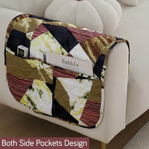 Image of HOKIPO 'Elira Series' Digitally Printed Water Repellent + Waterproof Sofa Armrest Cover with Pockets (2Pcs) - Wine Abstract Geometry (AR-5251-C5*2)