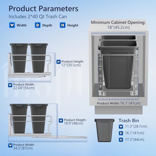 Image of Insputer Double 40QT Pull Out Trash Can Under Cabinet with Soft-Close Slides, Heavy Duty Under Sink Garbage Bin Kit for Kitchen, Laundry, Require Minimum Cabinets Opening 18 inch W X 24 inch D (Dark Gray)