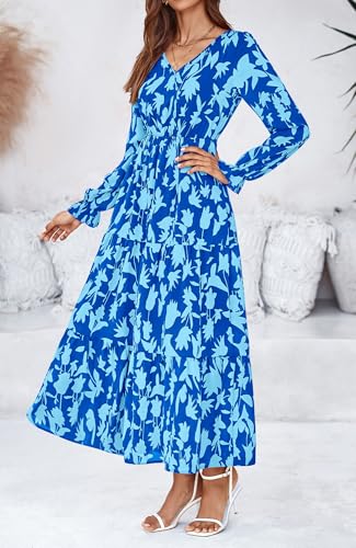 BTFBM Women Fall Dresses 2025 Casual Long Sleeve V Neck Maxi Dresses Floral Boho Long Dress Wedding Guest Dress