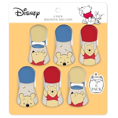 Image of Disney Winnie the Pooh Magnetic Chip Clips, Set of 6 | Airtight food storage bag clips for snack, cereal, and coffee bags, great for pantry and fridge, magnet displays kids artwork