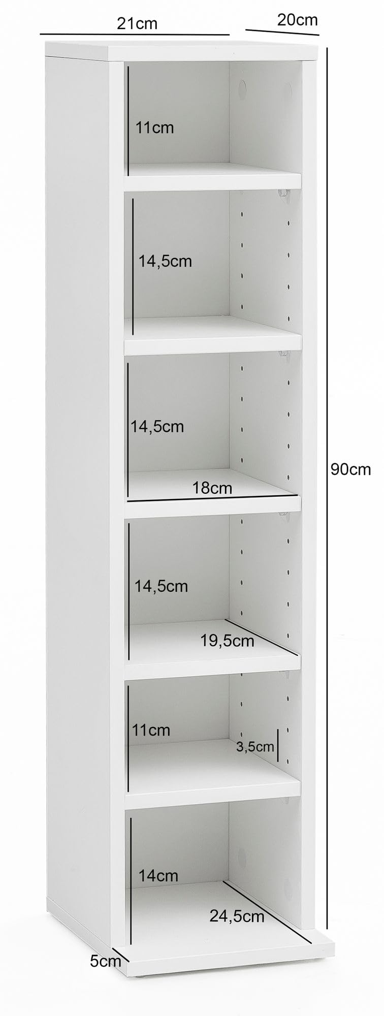 FineBuy Porta CD 21x20x90 cm con 6 Scomparti, Scaffale Stretto | contenimento per CD e DVD, aperto scaffale salvaspazio, libreria per soggiorno e cameretta, essenziale