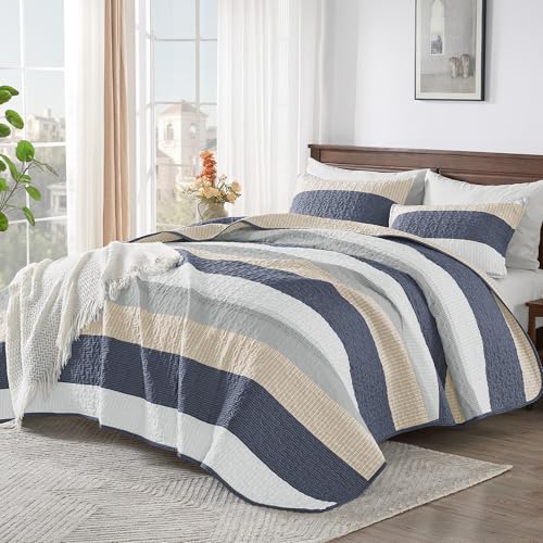 Image of Andency King Size Quilt Set Yellow Blue, 3 Pieces Summer Ultra Soft Lightweight Bedspreads & Coverlets Set, Patchwork Striped Quilted Bedding Sets for All Seasons (1 Quilt, 2 Pillow Shams)
