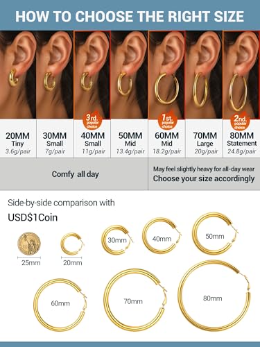 Image of Stainless Steel Chunky Hoop Earrings For Women, Minimalist and Chic, Black /Gold Plated, Round Hoops Earrings Hypoallergenic, Size: 30mm /40mm /60mm /80mm, Come with Box